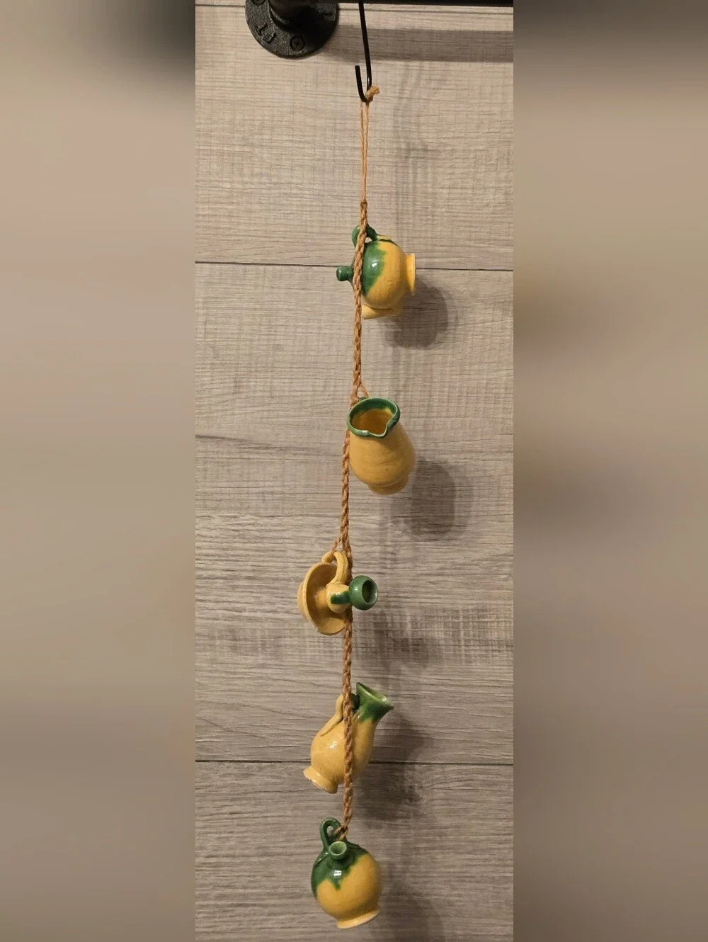 Vtg Provençal Ceramic Mini Pitcher Garland–Hanging Yellow & Green Glazed Pottery
